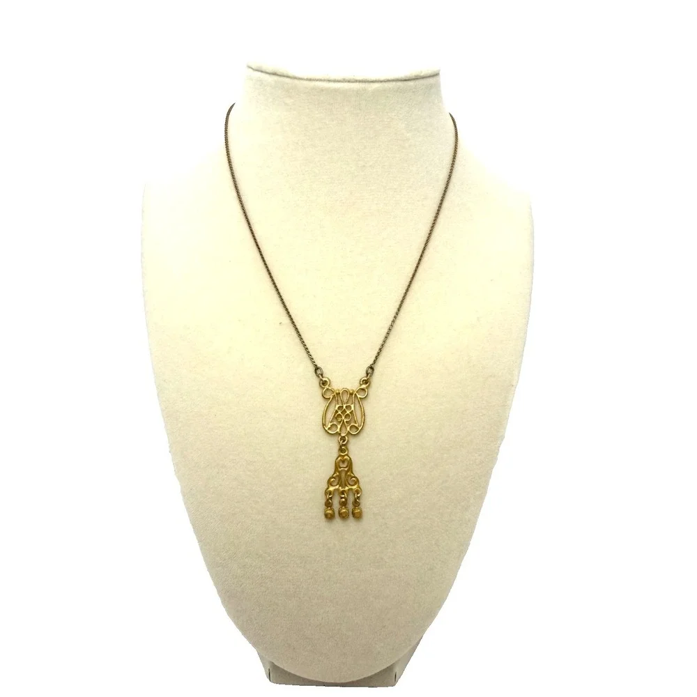 Vintage 90s Art Nouveau Gold Tone Floral Scroll Pendant Necklace 16in